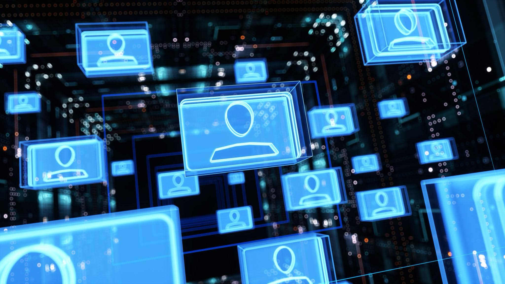 Network of digital profile cards in a secure, privacy-protected environment, representing GDPR-compliant candidate data handling